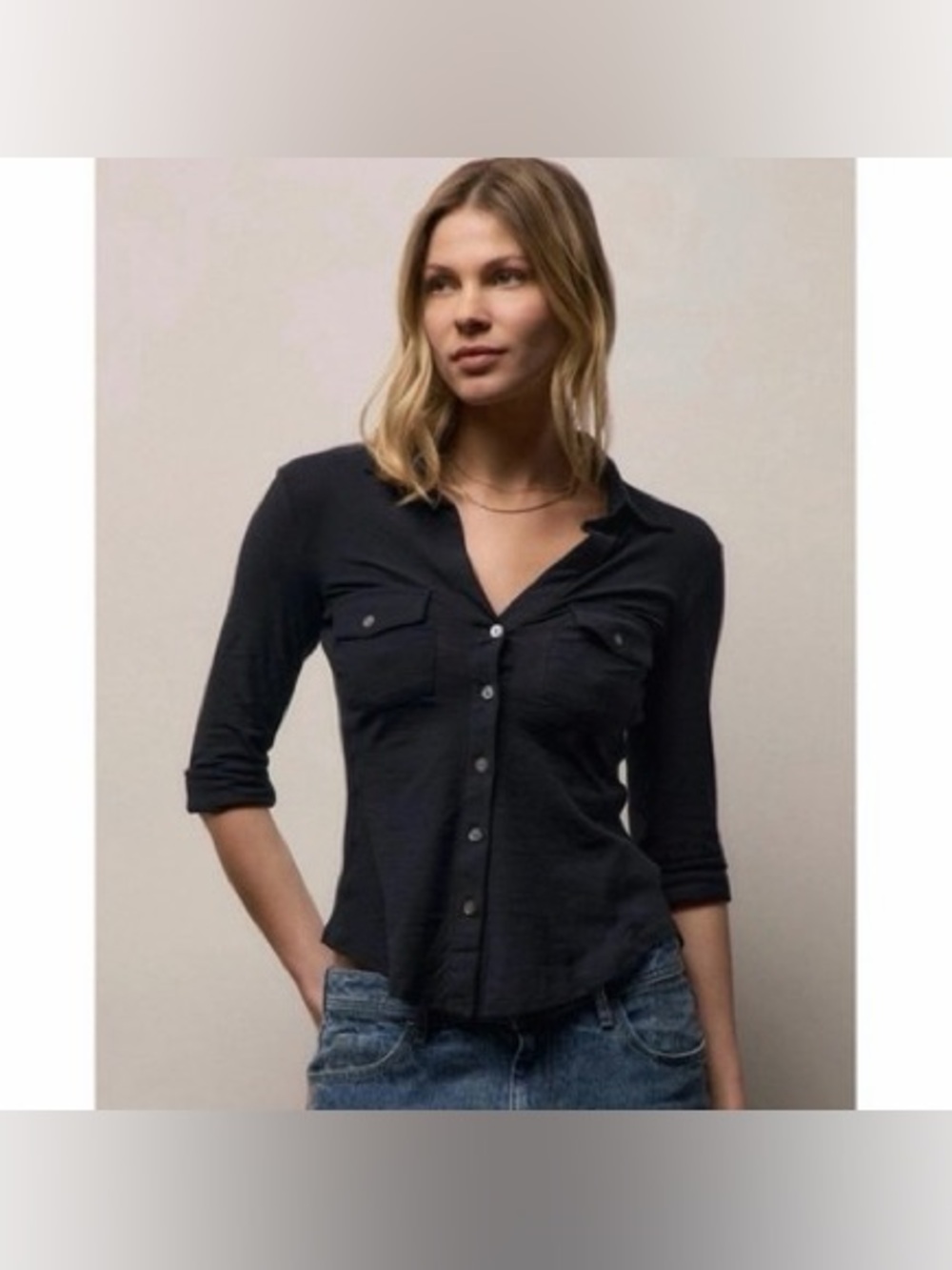 Standard James Perse Contrast Ribbed Panel Button Down Black Size 4